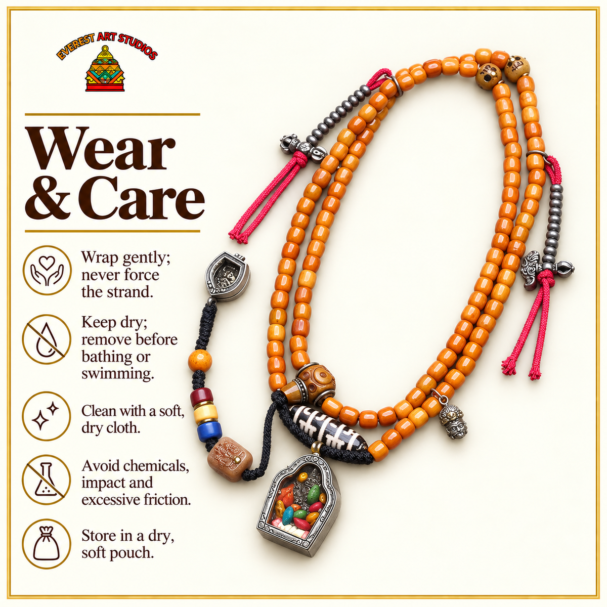 EverestArtstudios Bone 108-Bead Mala with Ghau and Zakiram-Inspired Pendant — care