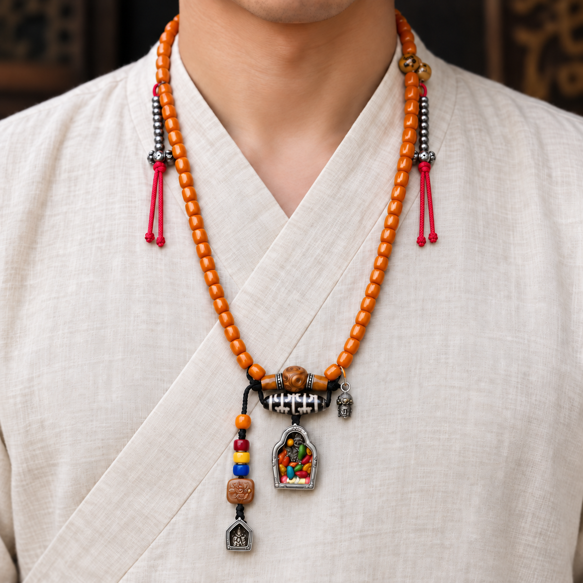 EverestArtstudios Bone 108-Bead Mala with Ghau and Zakiram-Inspired Pendant — linen front
