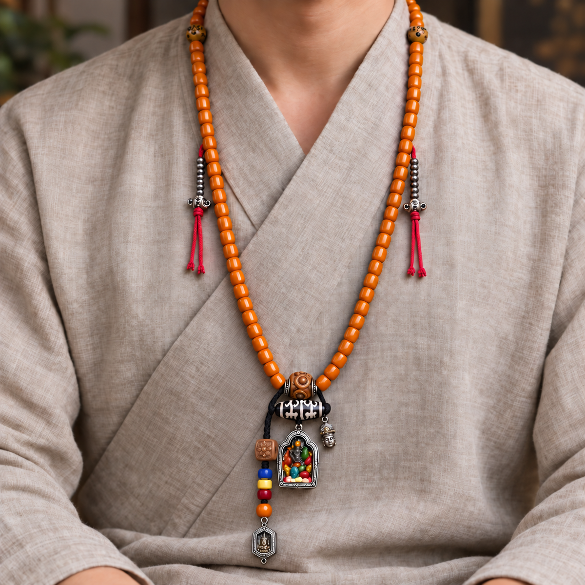 EverestArtstudios Bone 108-Bead Mala with Ghau and Zakiram-Inspired Pendant — linen seated