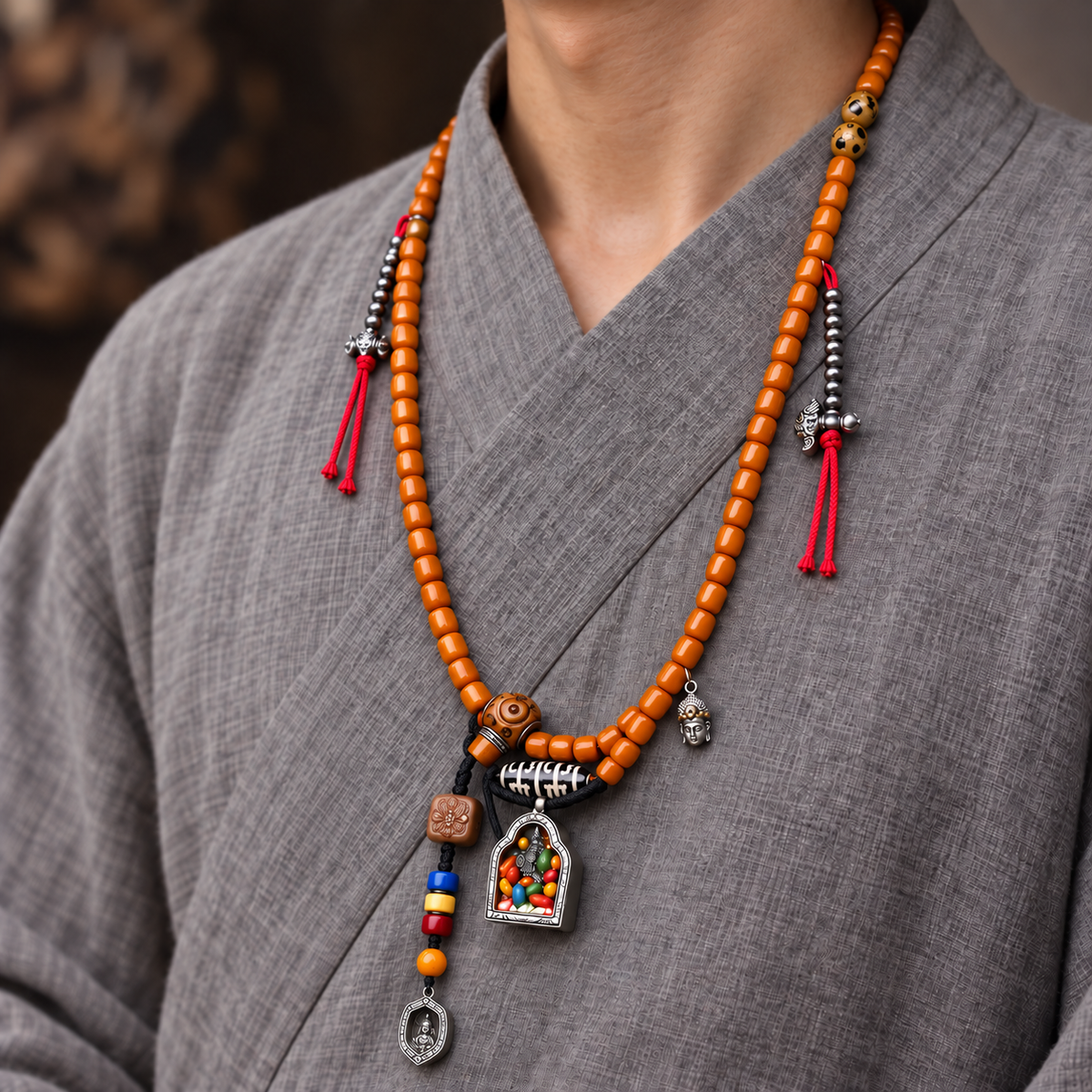 EverestArtstudios Bone 108-Bead Mala with Ghau and Zakiram-Inspired Pendant — linen side