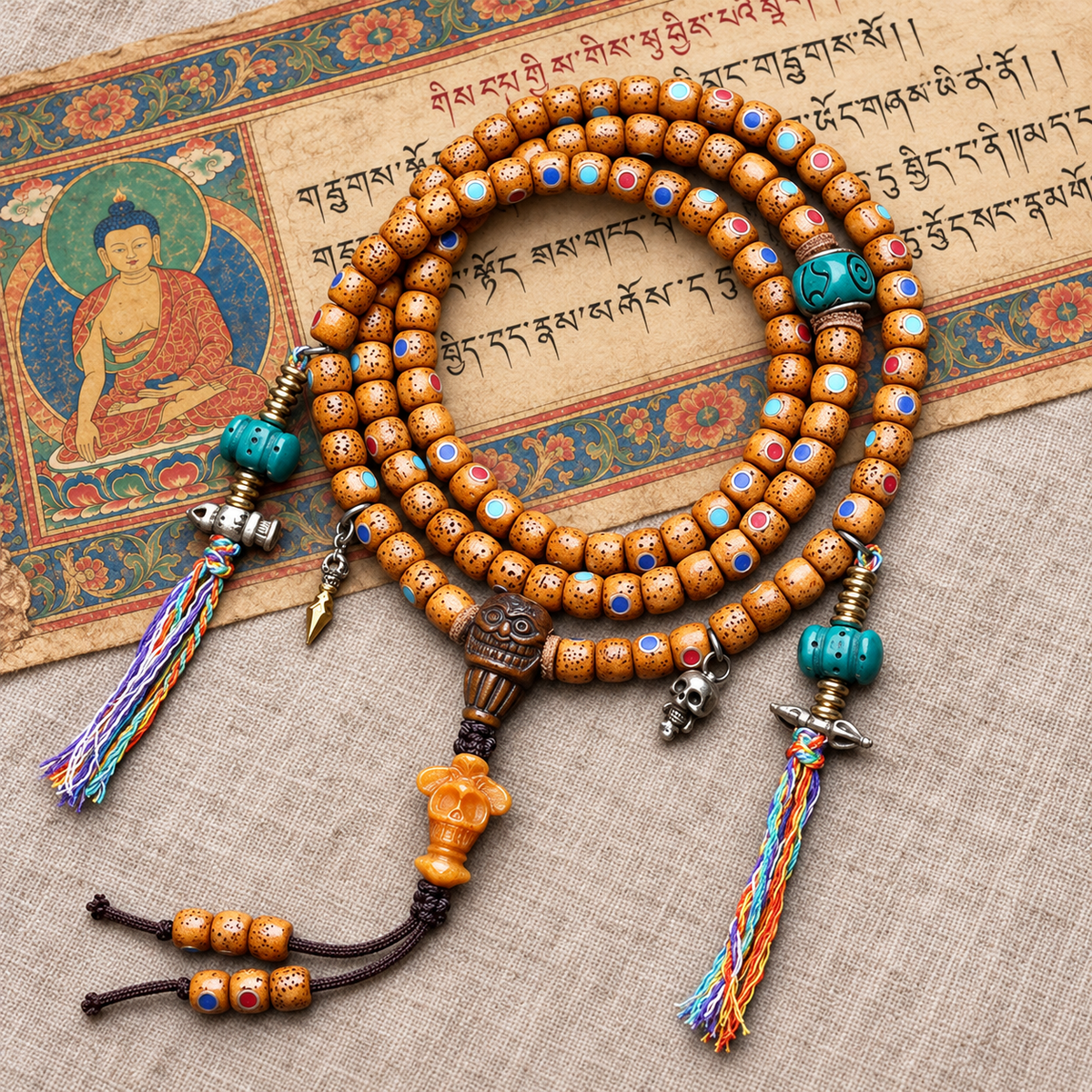 EverestArtstudios Inlaid Xingyue Bodhi 108-Bead Mala with Bone Accents — full product