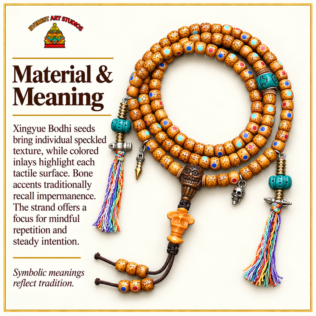 EverestArtstudios Inlaid Xingyue Bodhi 108-Bead Mala with Bone Accents — materials meaning