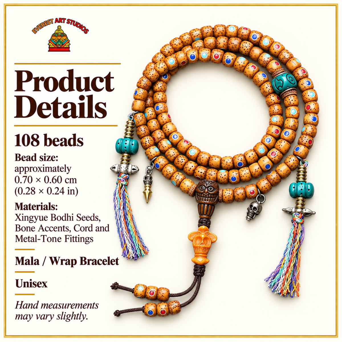 EverestArtstudios Inlaid Xingyue Bodhi 108-Bead Mala with Bone Accents — specifications
