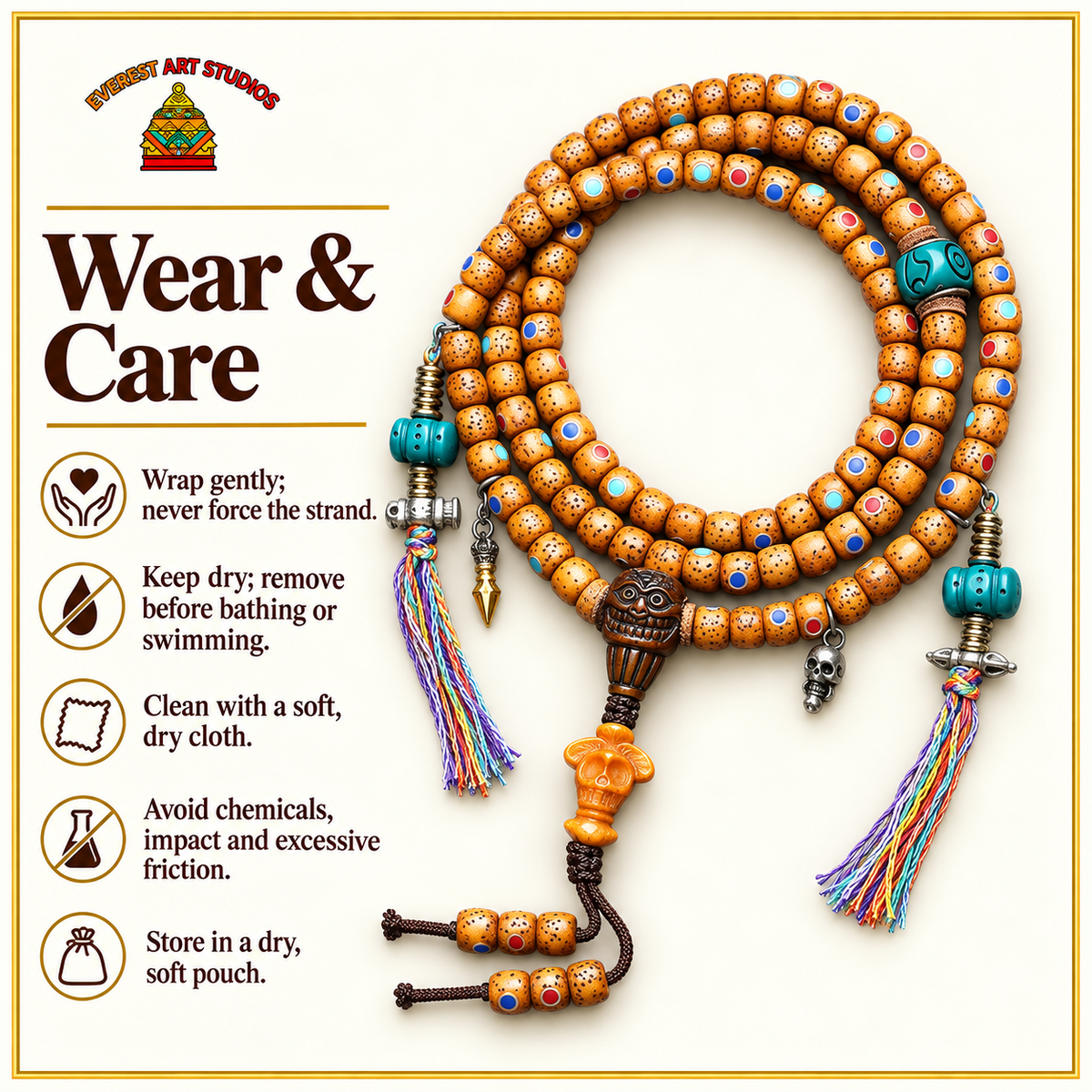 EverestArtstudios Inlaid Xingyue Bodhi 108-Bead Mala with Bone Accents — care