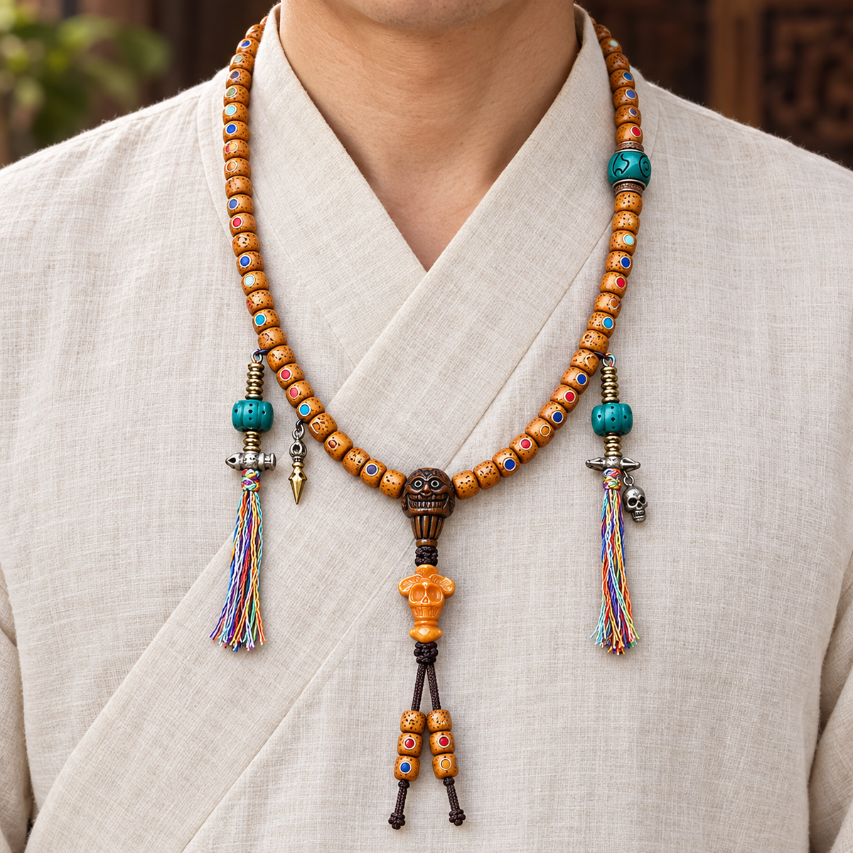 EverestArtstudios Inlaid Xingyue Bodhi 108-Bead Mala with Bone Accents — linen front