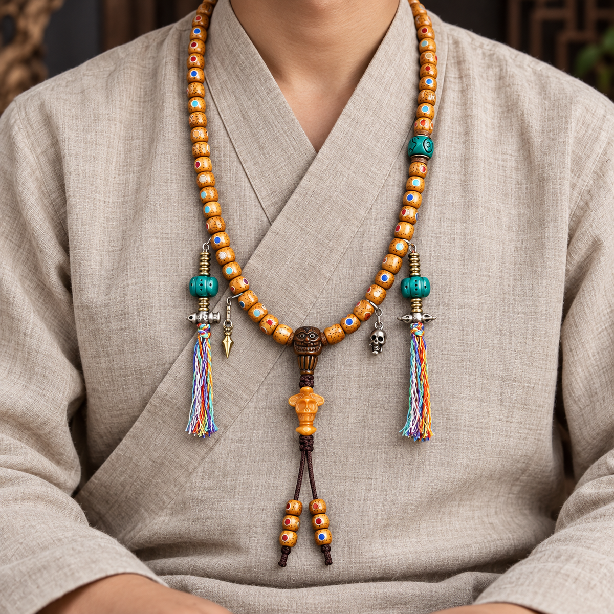 EverestArtstudios Inlaid Xingyue Bodhi 108-Bead Mala with Bone Accents — linen seated