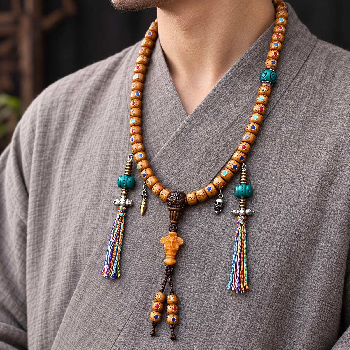 EverestArtstudios Inlaid Xingyue Bodhi 108-Bead Mala with Bone Accents — linen side