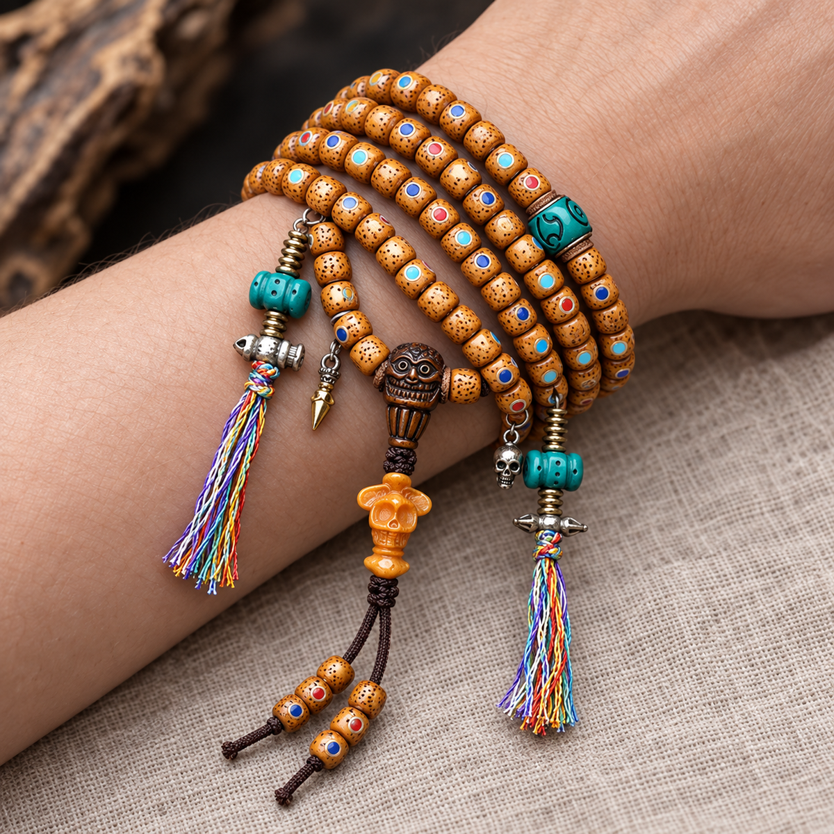 EverestArtstudios Inlaid Xingyue Bodhi 108-Bead Mala with Bone Accents — wrist resting