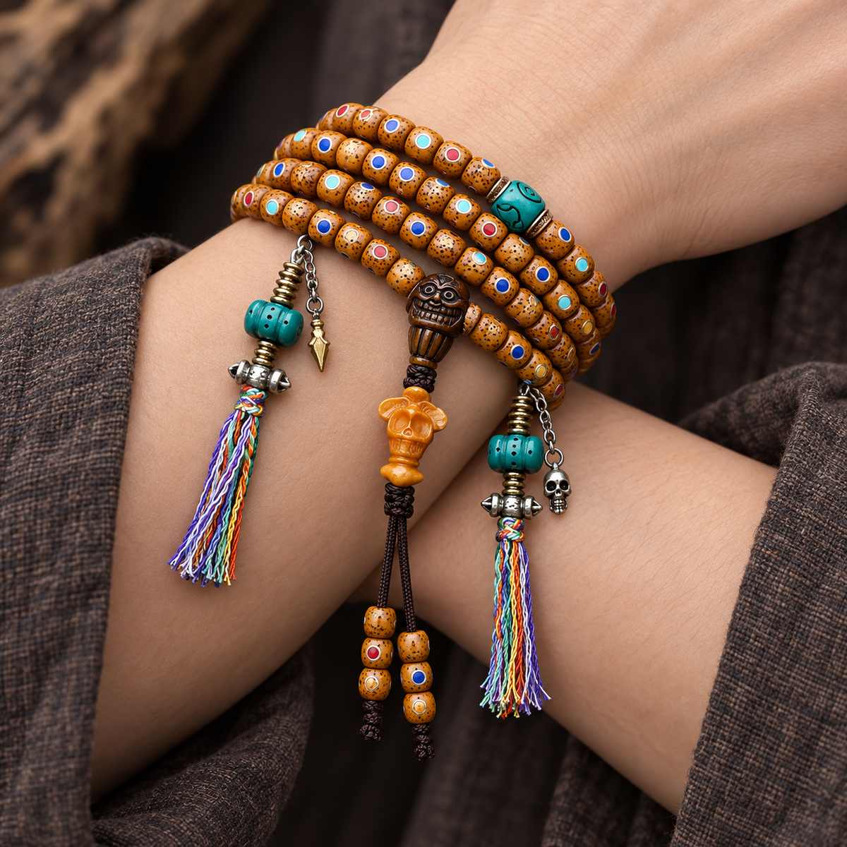 EverestArtstudios Inlaid Xingyue Bodhi 108-Bead Mala with Bone Accents — wrist crossed