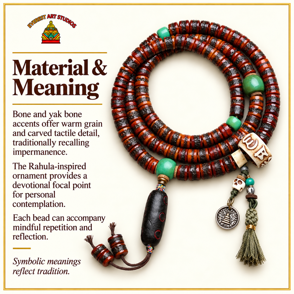EverestArtstudios Bone 108-Bead Mala with Rahula-Inspired Pendant — materials meaning