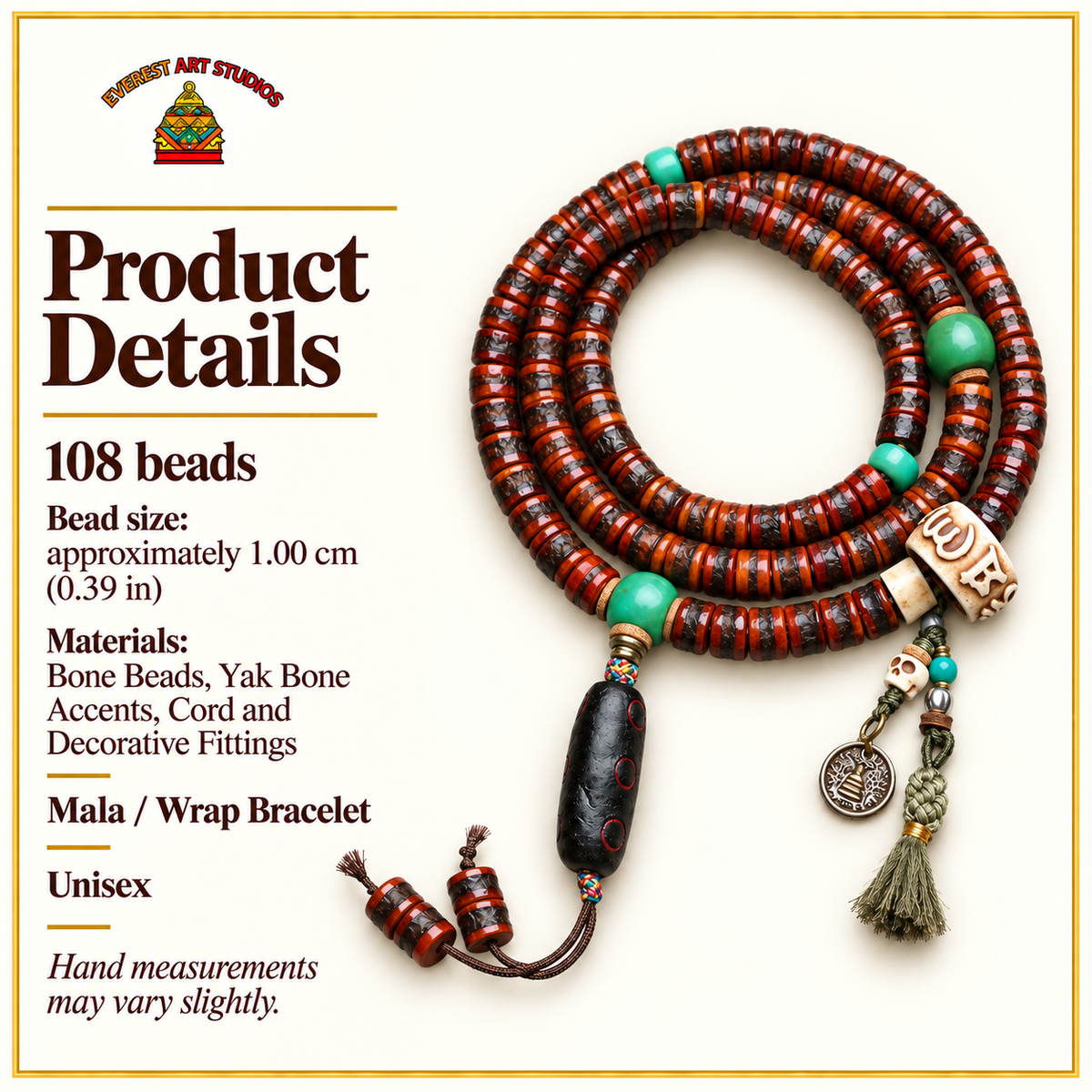 EverestArtstudios Bone 108-Bead Mala with Rahula-Inspired Pendant — specifications