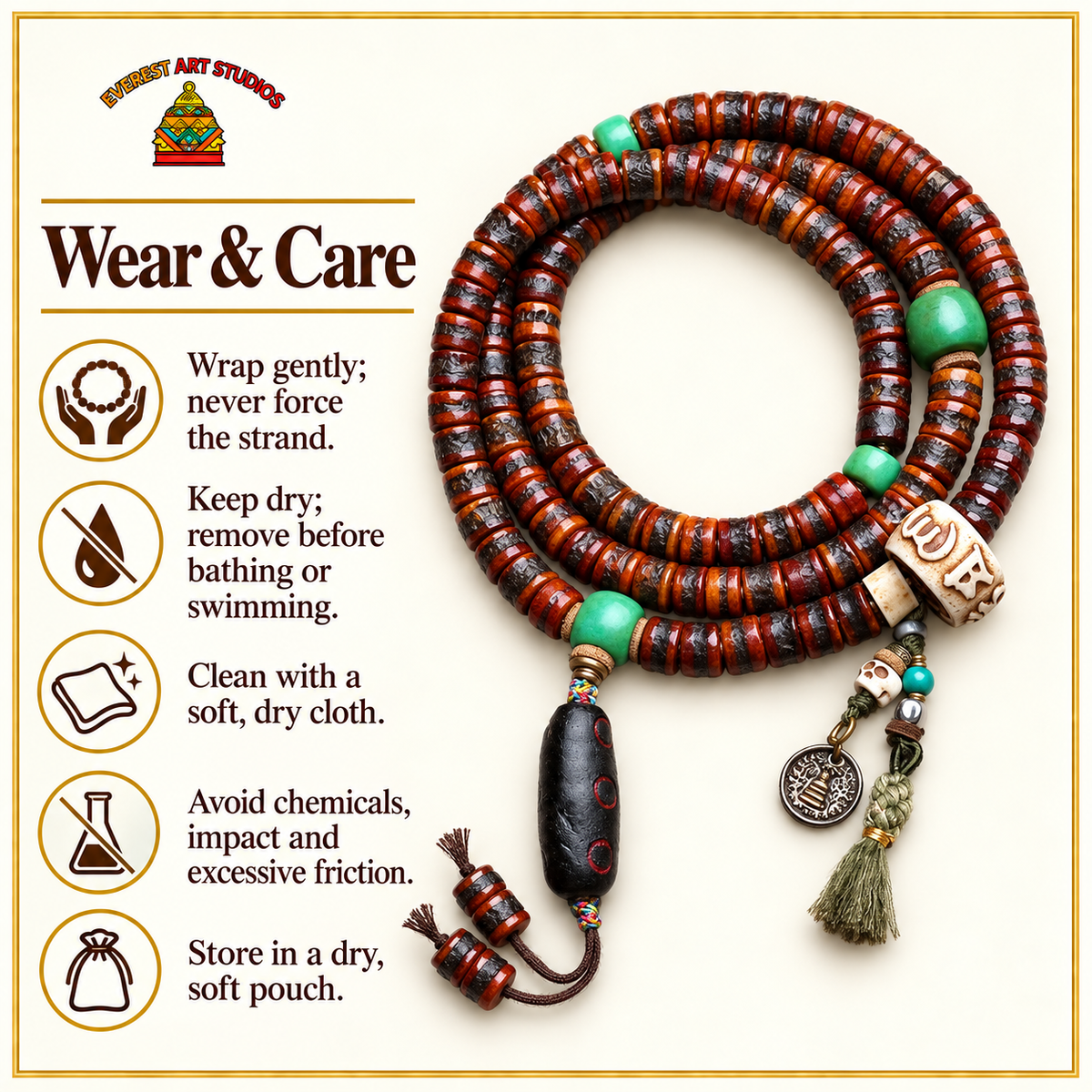 EverestArtstudios Bone 108-Bead Mala with Rahula-Inspired Pendant — care