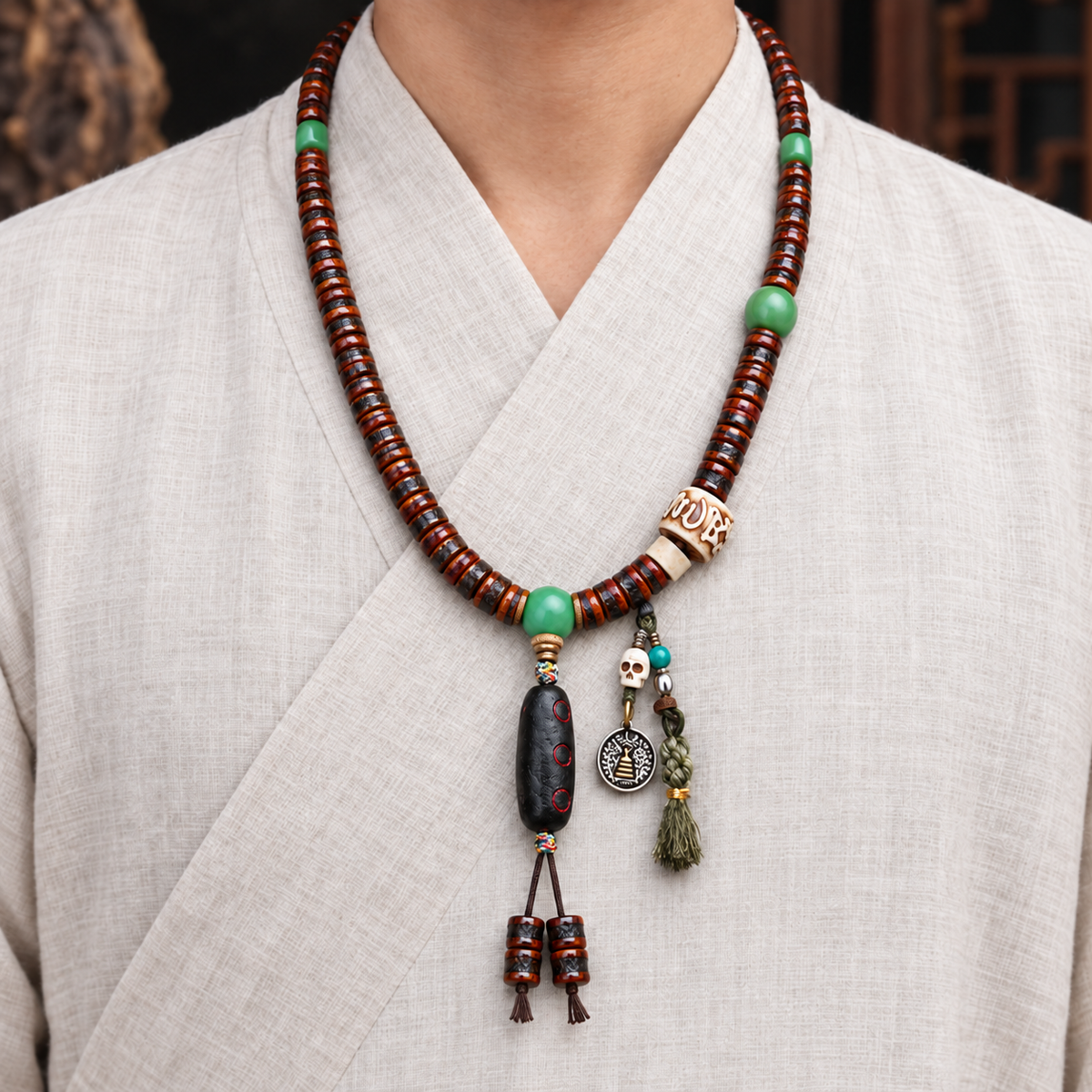 EverestArtstudios Bone 108-Bead Mala with Rahula-Inspired Pendant — linen front