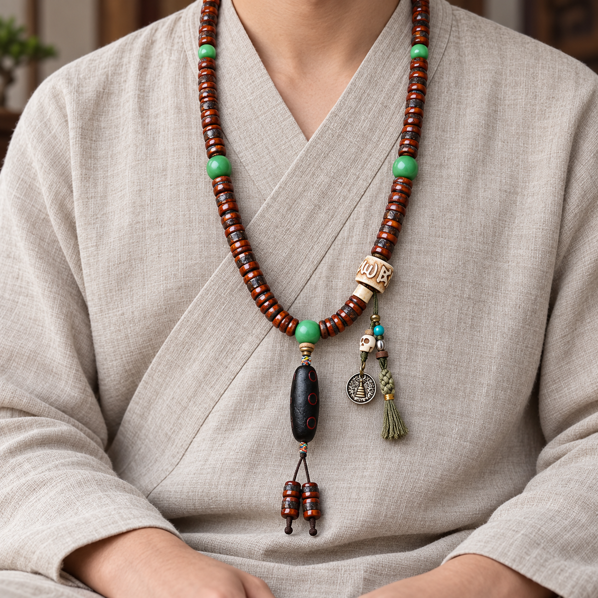 EverestArtstudios Bone 108-Bead Mala with Rahula-Inspired Pendant — linen seated