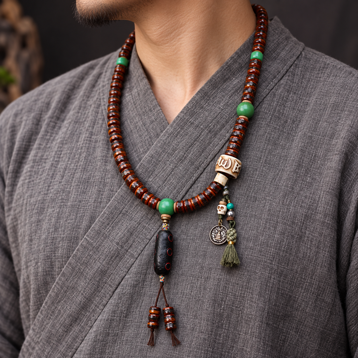 EverestArtstudios Bone 108-Bead Mala with Rahula-Inspired Pendant — linen side