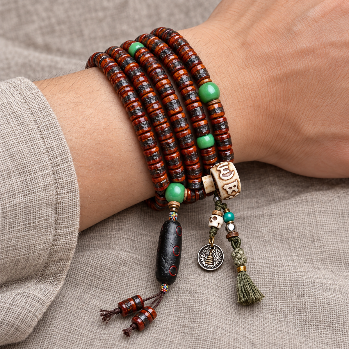 EverestArtstudios Bone 108-Bead Mala with Rahula-Inspired Pendant — wrist resting