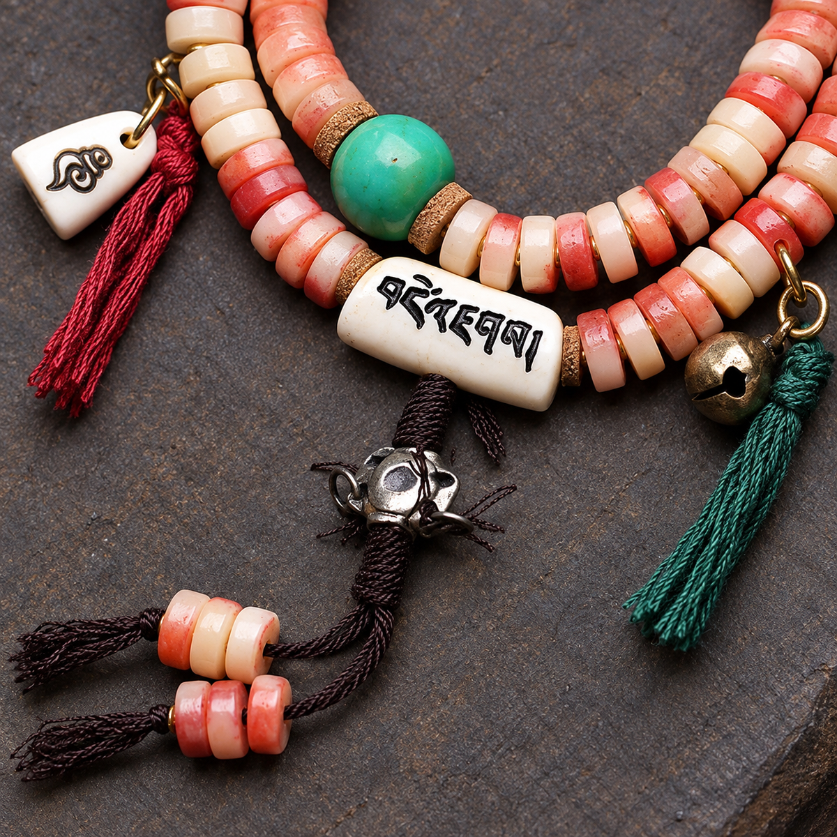EverestArtstudios Camel Bone 108-Bead Mala with Coconut and Decorative Accents — connection detail