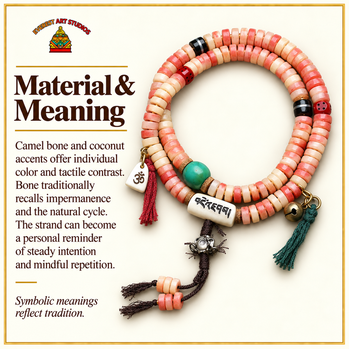 EverestArtstudios Camel Bone 108-Bead Mala with Coconut and Decorative Accents — materials meaning
