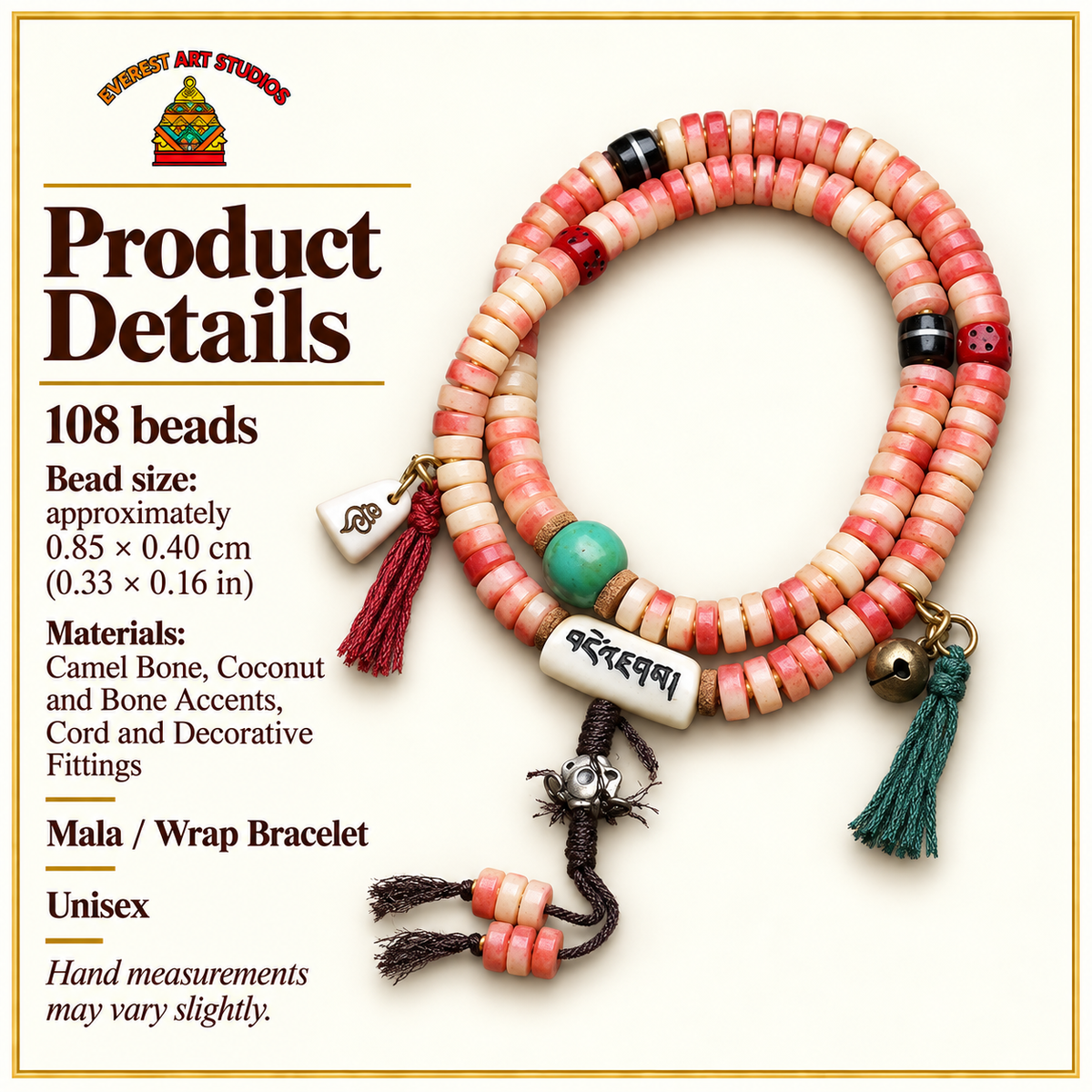 EverestArtstudios Camel Bone 108-Bead Mala with Coconut and Decorative Accents — specifications
