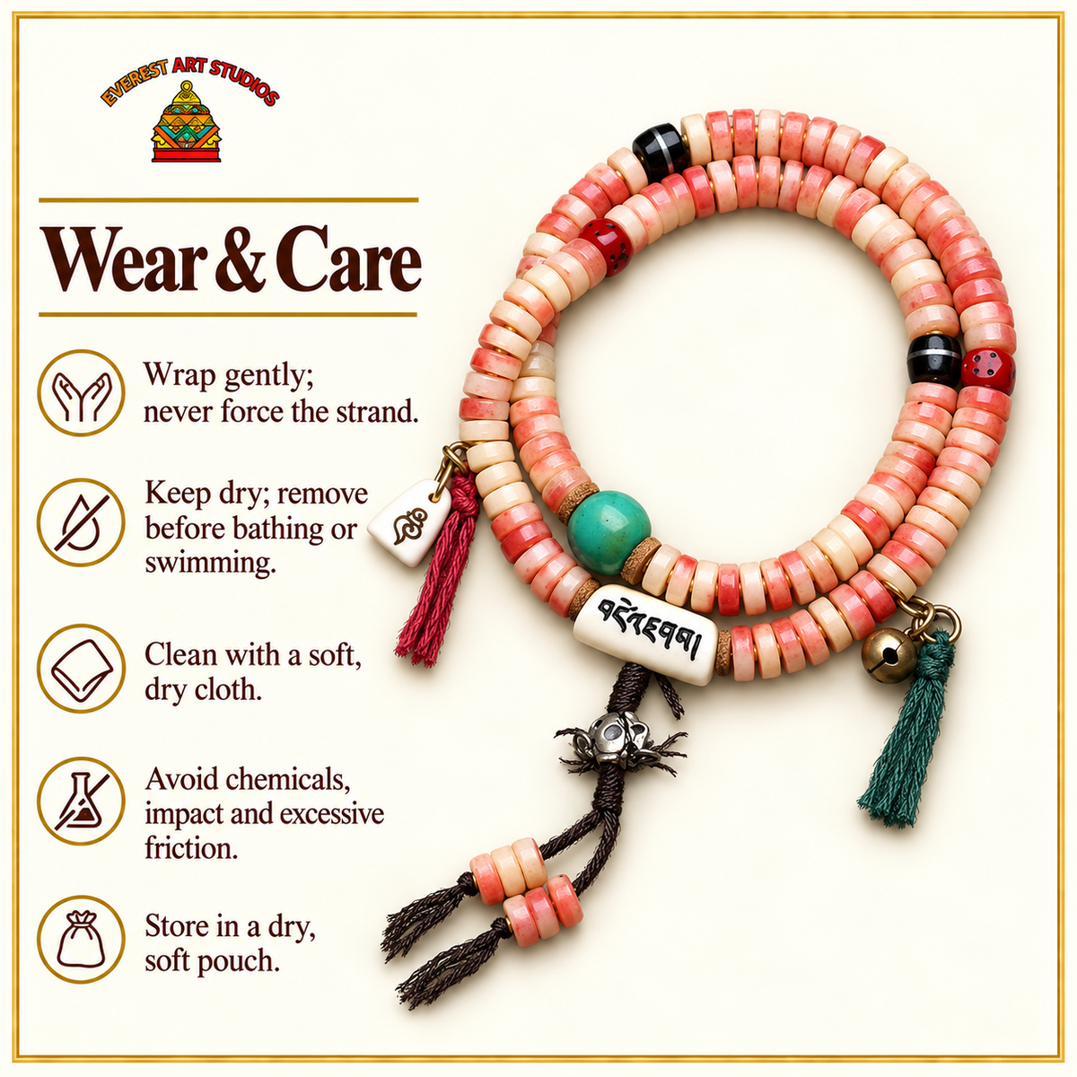 EverestArtstudios Camel Bone 108-Bead Mala with Coconut and Decorative Accents — care