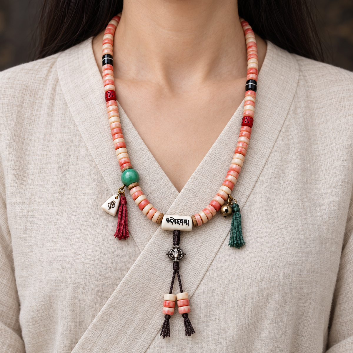 EverestArtstudios Camel Bone 108-Bead Mala with Coconut and Decorative Accents — linen front