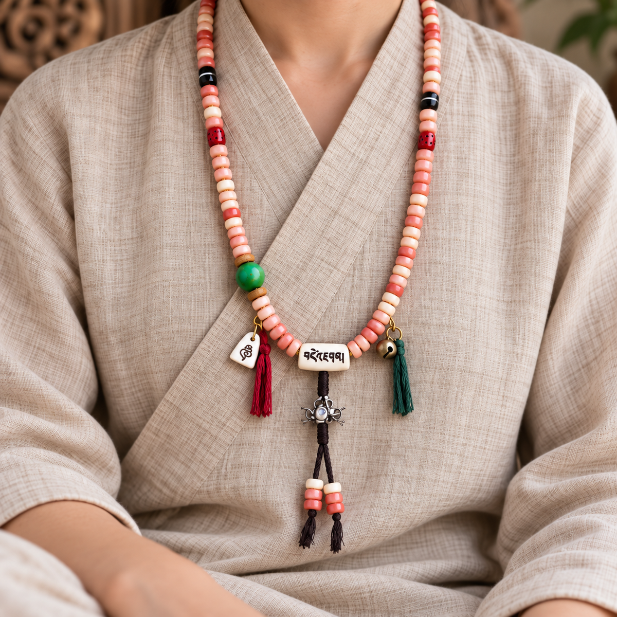 EverestArtstudios Camel Bone 108-Bead Mala with Coconut and Decorative Accents — linen seated