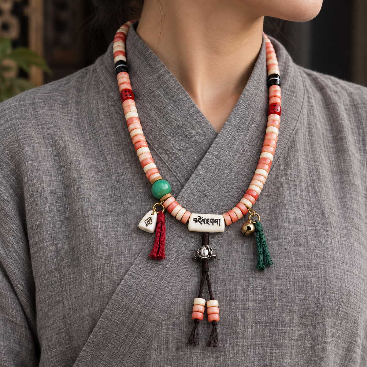 EverestArtstudios Camel Bone 108-Bead Mala with Coconut and Decorative Accents — linen side