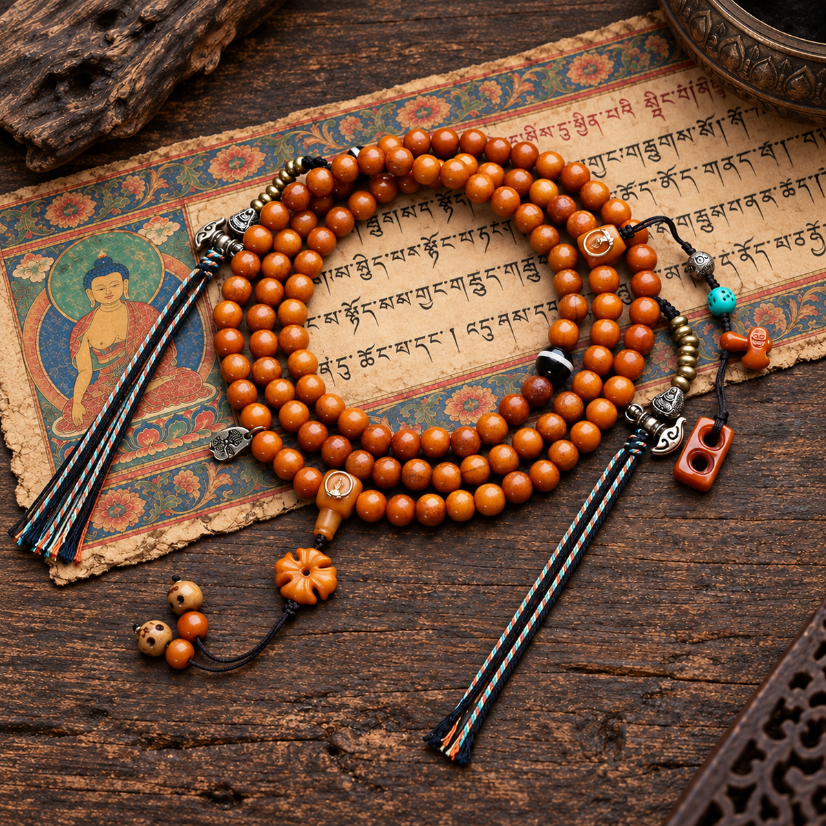 EverestArtstudios Yak Bone 108-Bead Mala with Agate and Faceless Buddha Motif — full product