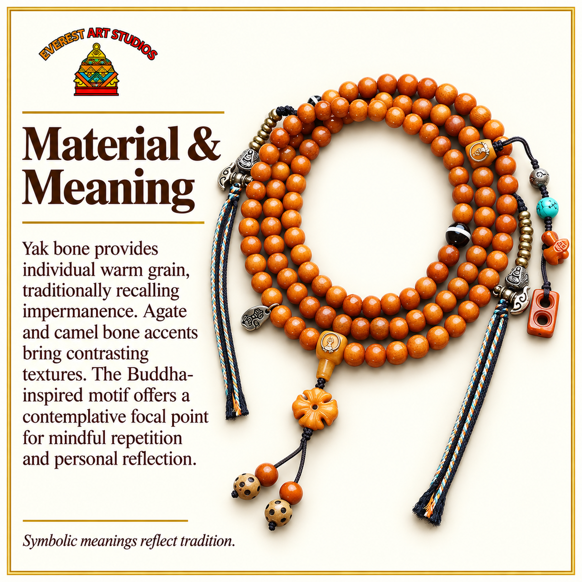 EverestArtstudios Yak Bone 108-Bead Mala with Agate and Faceless Buddha Motif — materials meaning