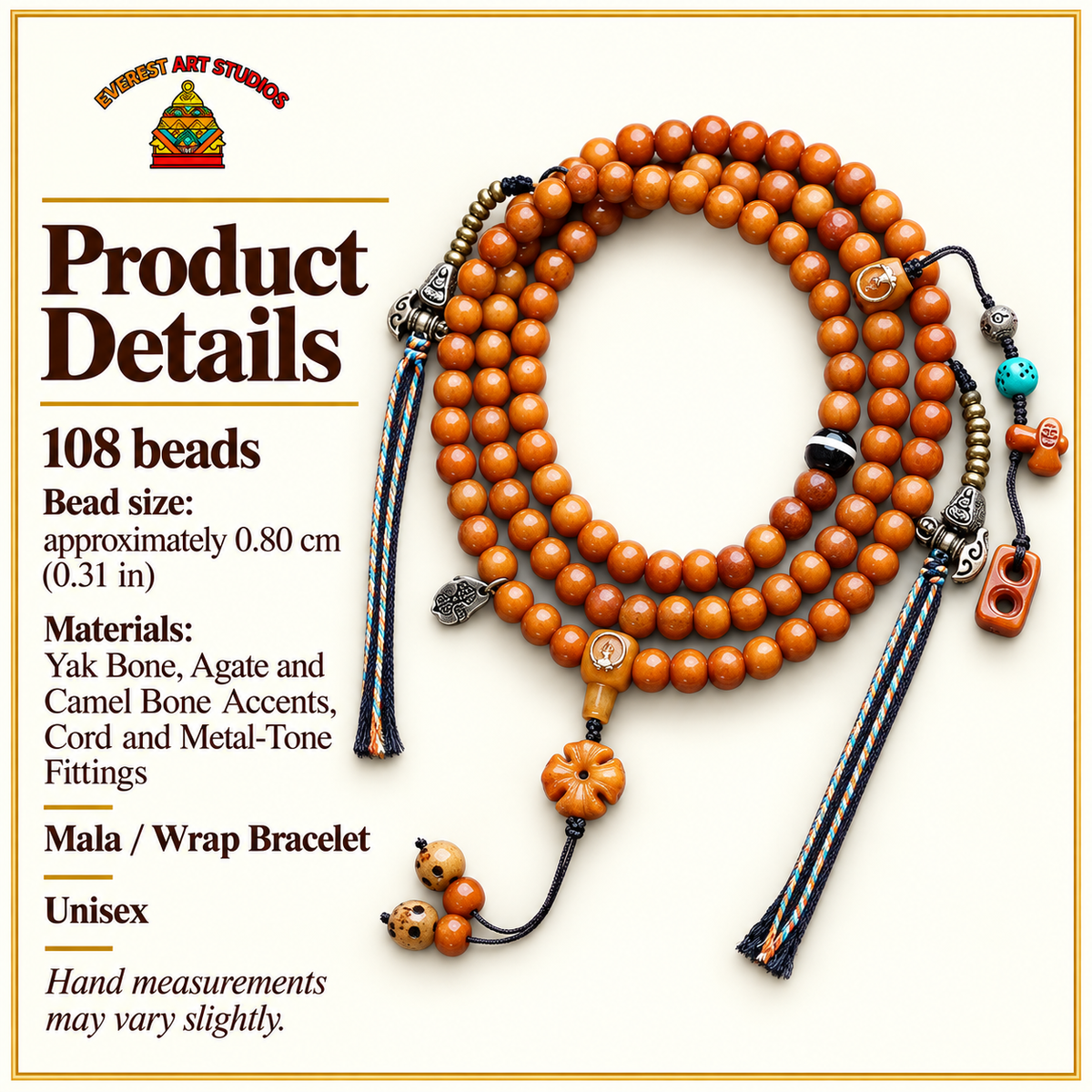 EverestArtstudios Yak Bone 108-Bead Mala with Agate and Faceless Buddha Motif — specifications