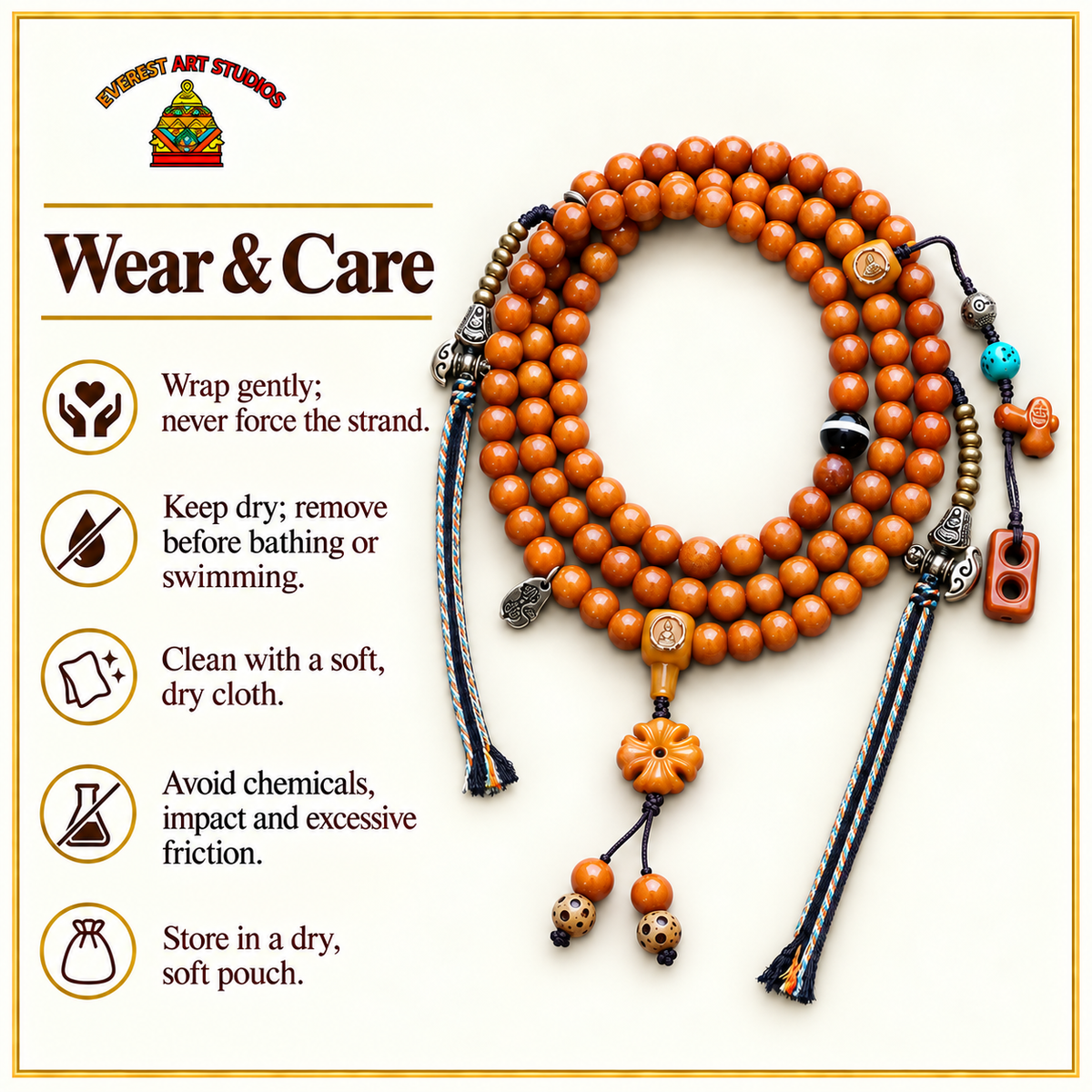 EverestArtstudios Yak Bone 108-Bead Mala with Agate and Faceless Buddha Motif — care