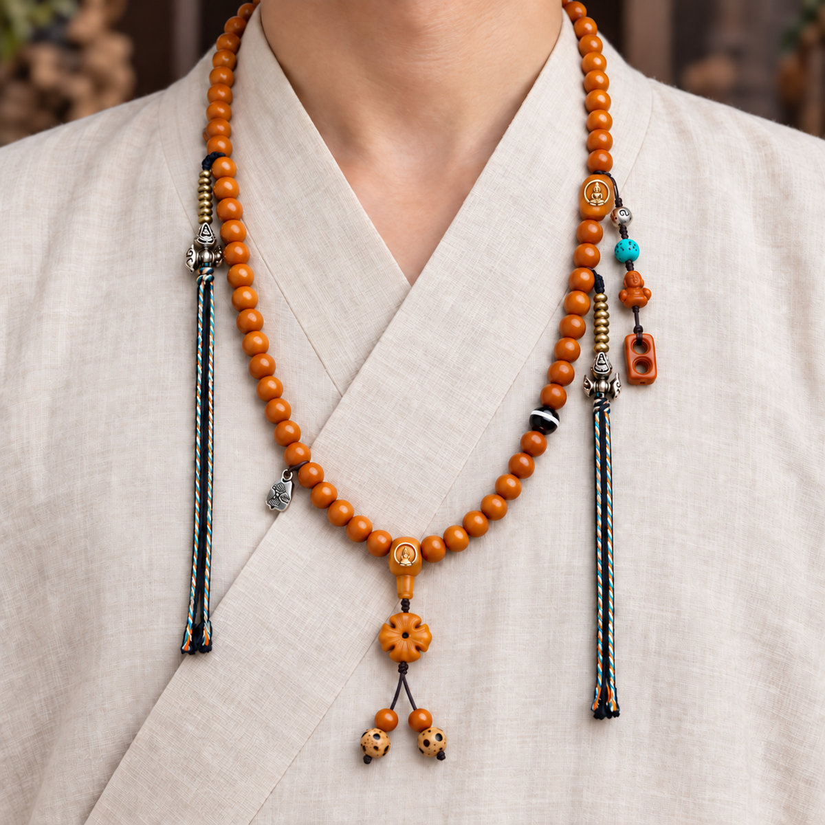 EverestArtstudios Yak Bone 108-Bead Mala with Agate and Faceless Buddha Motif — linen front
