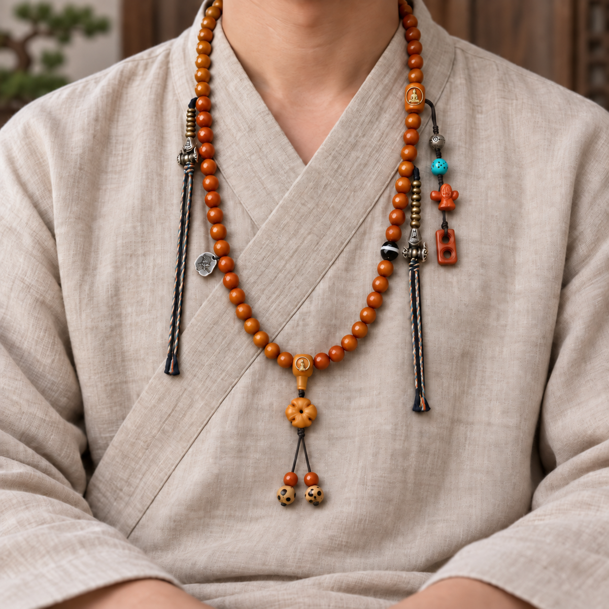 EverestArtstudios Yak Bone 108-Bead Mala with Agate and Faceless Buddha Motif — linen seated
