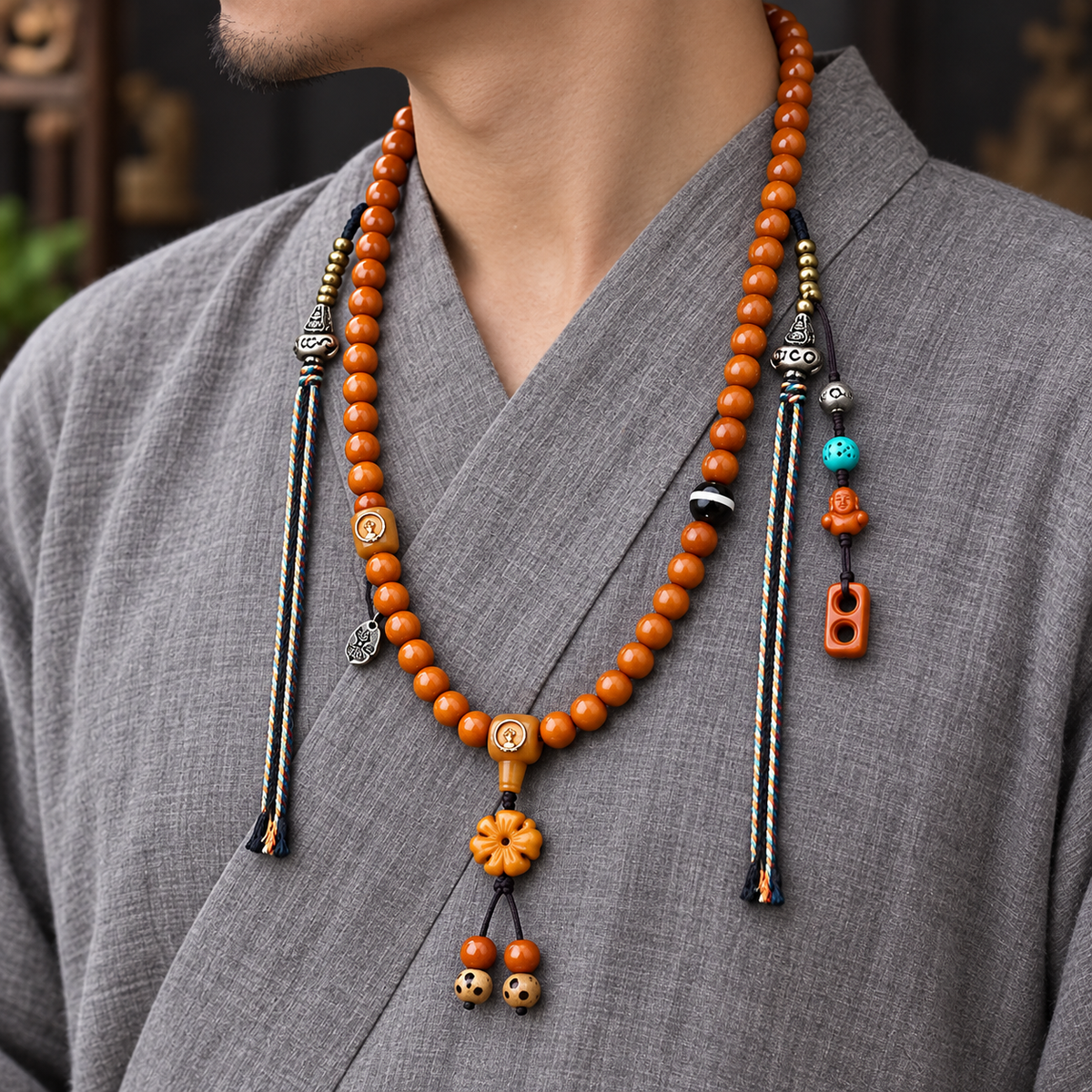 EverestArtstudios Yak Bone 108-Bead Mala with Agate and Faceless Buddha Motif — linen side