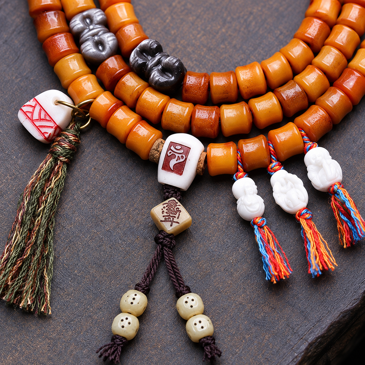 EverestArtstudios Bamboo-Carved Yak Bone 108-Bead Mala with Obsidian Accents — connection detail