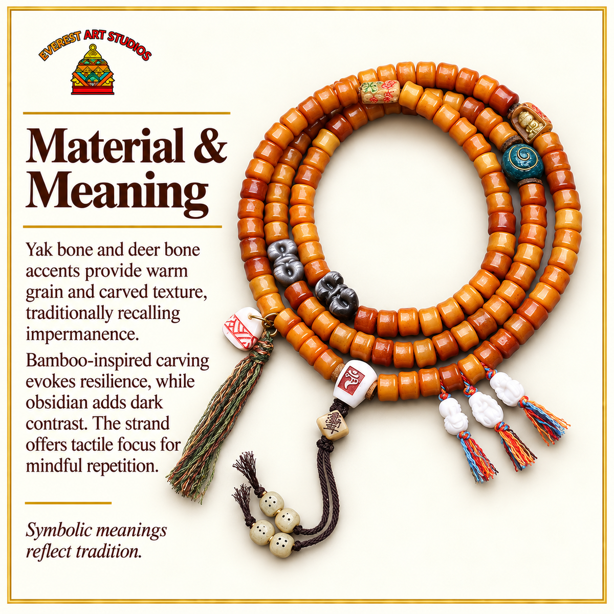 EverestArtstudios Bamboo-Carved Yak Bone 108-Bead Mala with Obsidian Accents — materials meaning