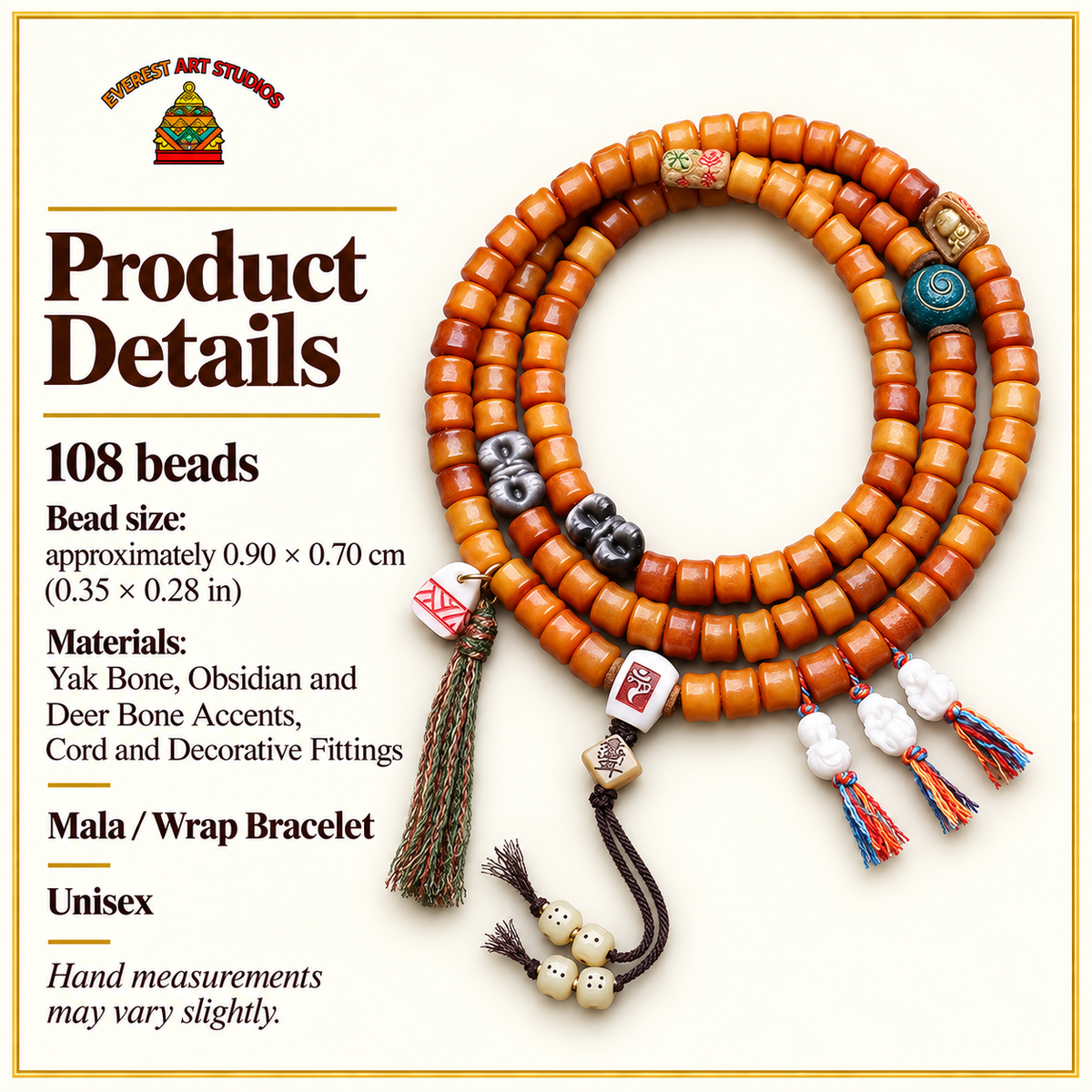 EverestArtstudios Bamboo-Carved Yak Bone 108-Bead Mala with Obsidian Accents — specifications
