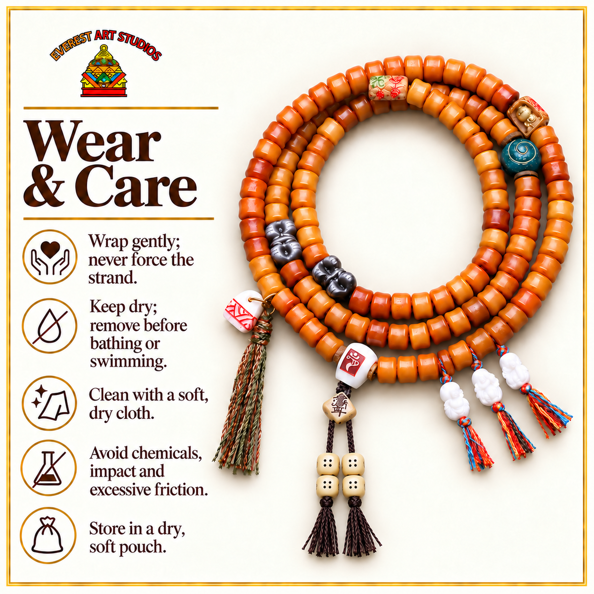 EverestArtstudios Bamboo-Carved Yak Bone 108-Bead Mala with Obsidian Accents — care