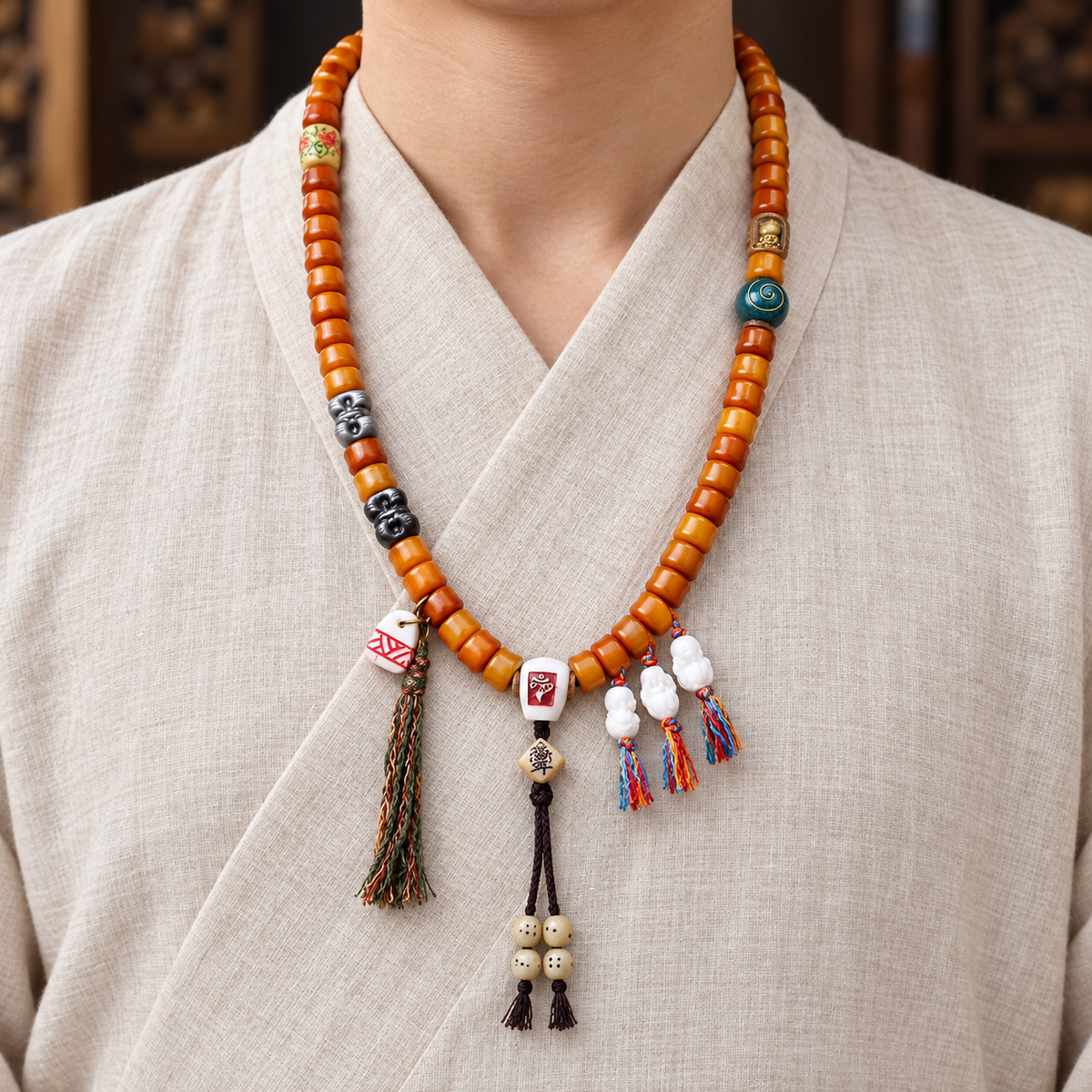 EverestArtstudios Bamboo-Carved Yak Bone 108-Bead Mala with Obsidian Accents — linen front