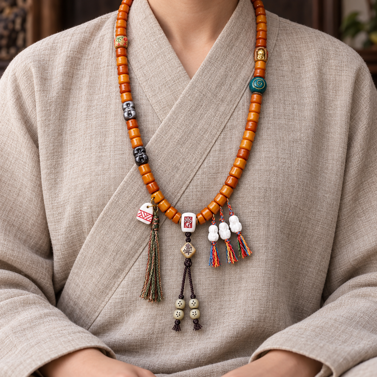 EverestArtstudios Bamboo-Carved Yak Bone 108-Bead Mala with Obsidian Accents — linen seated