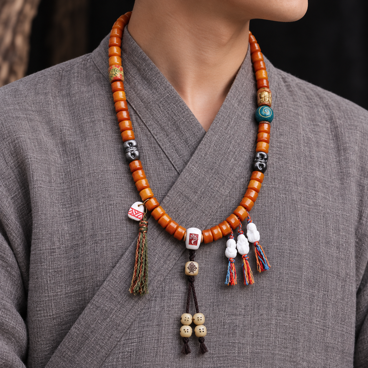 EverestArtstudios Bamboo-Carved Yak Bone 108-Bead Mala with Obsidian Accents — linen side