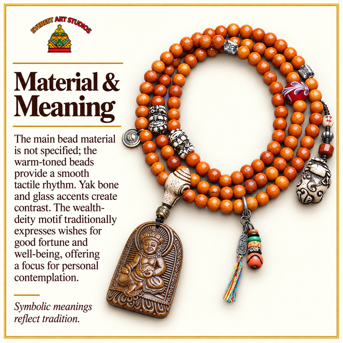 EverestArtstudios 108-Bead Mala with Wealth Deity Pendant and Yak Bone Accents — materials meaning