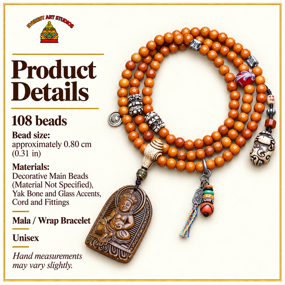 EverestArtstudios 108-Bead Mala with Wealth Deity Pendant and Yak Bone Accents — specifications