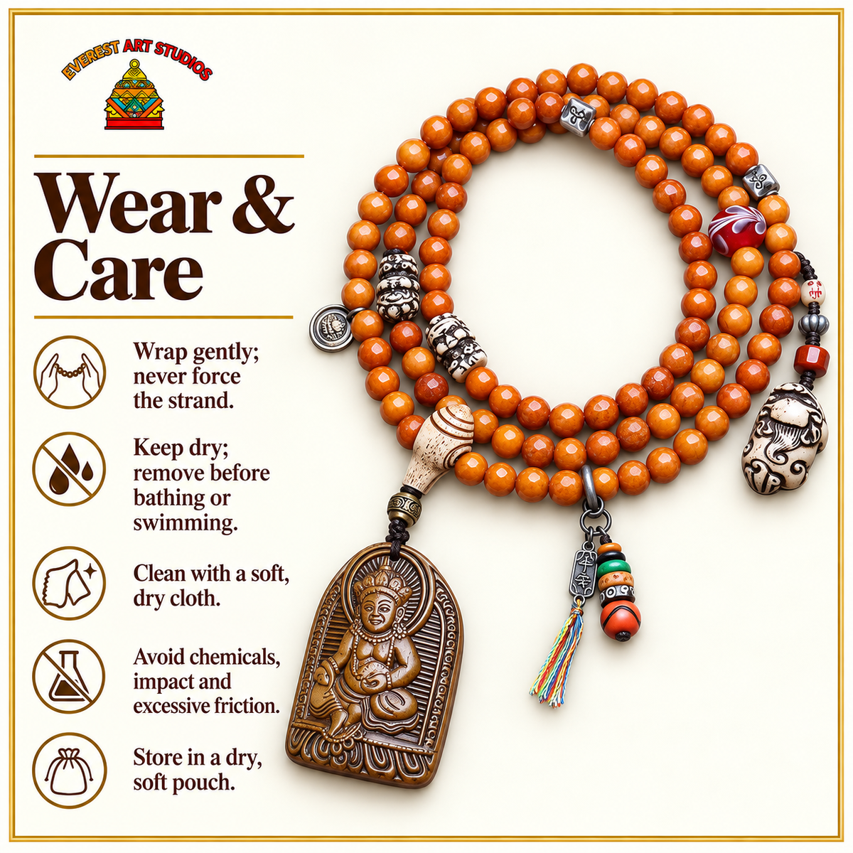 EverestArtstudios 108-Bead Mala with Wealth Deity Pendant and Yak Bone Accents — care