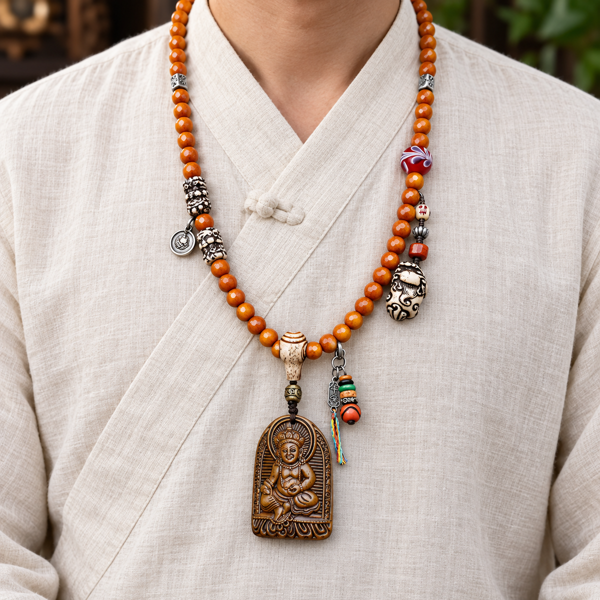 EverestArtstudios 108-Bead Mala with Wealth Deity Pendant and Yak Bone Accents — linen front