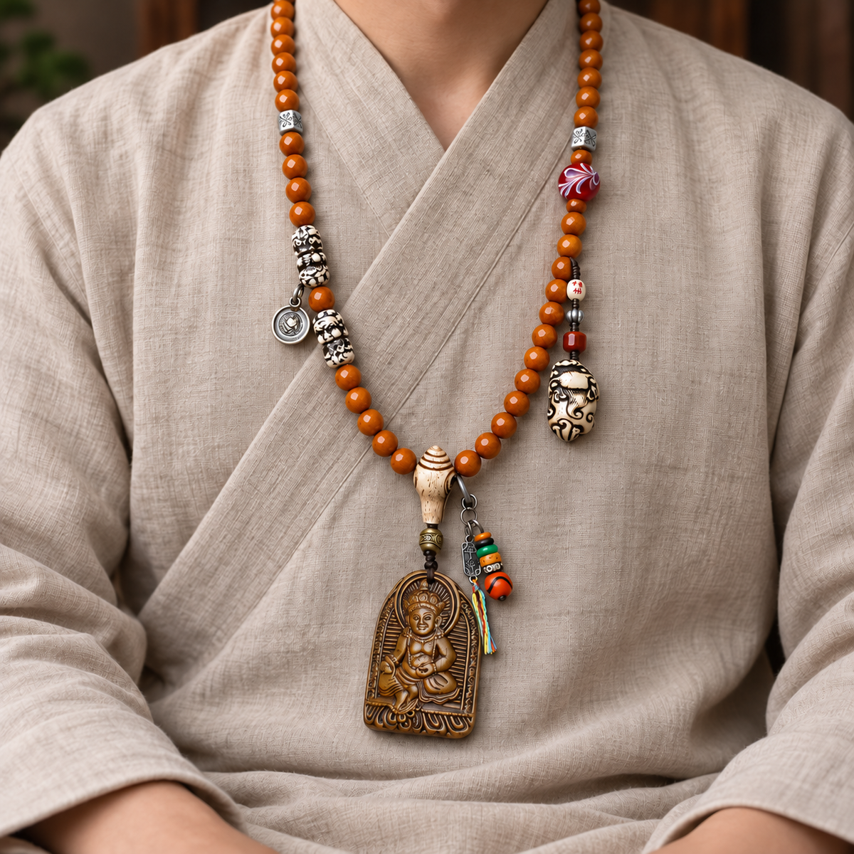 EverestArtstudios 108-Bead Mala with Wealth Deity Pendant and Yak Bone Accents — linen seated