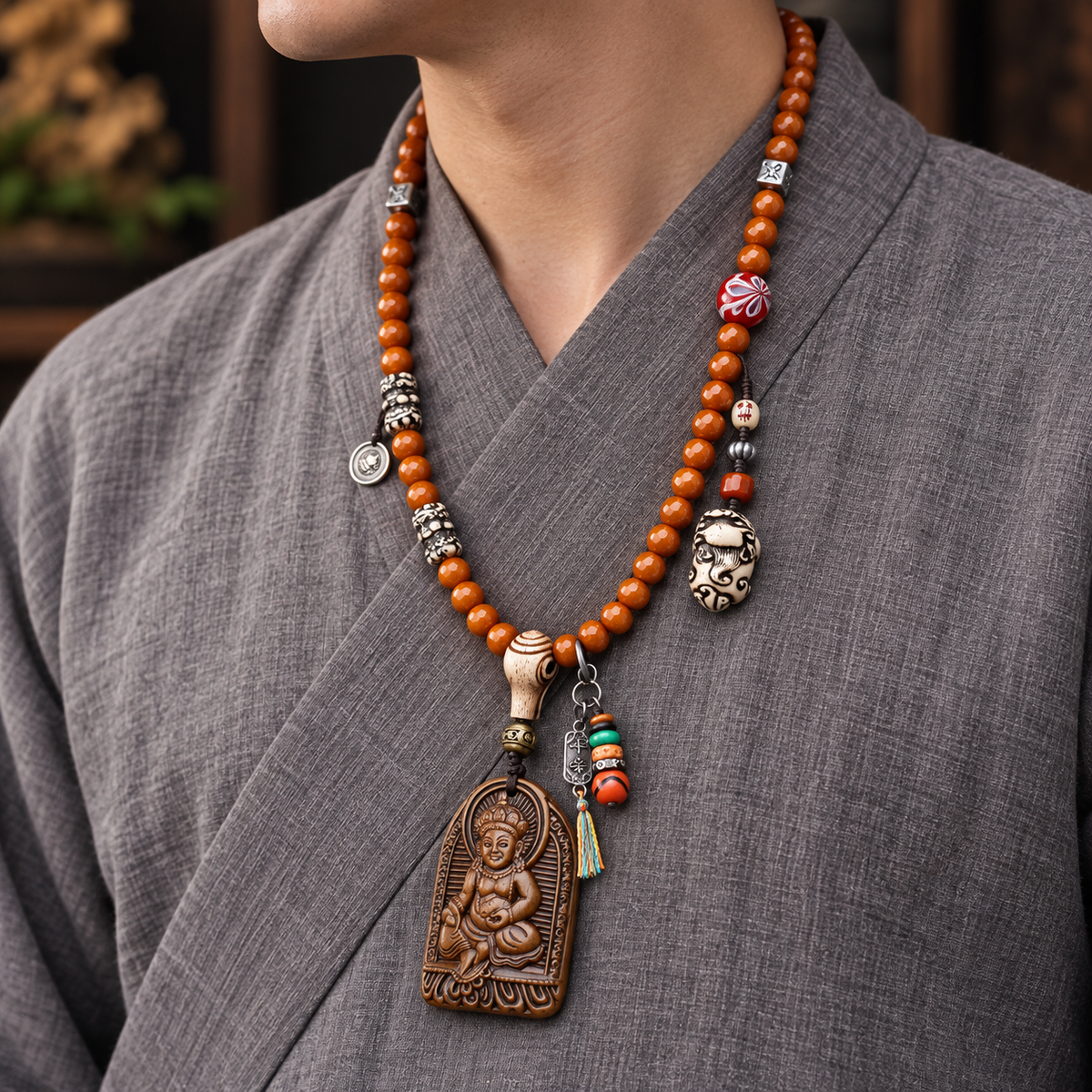 EverestArtstudios 108-Bead Mala with Wealth Deity Pendant and Yak Bone Accents — linen side