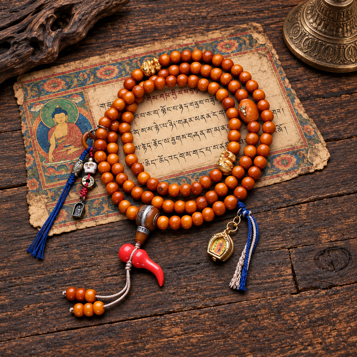 EverestArtstudios Camel Bone 108-Bead Mala with Thangka-Style Ghau Pendant — full product