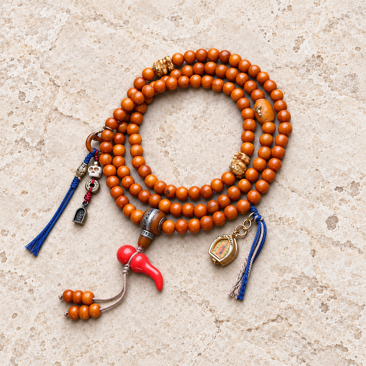 EverestArtstudios Camel Bone 108-Bead Mala with Thangka-Style Ghau Pendant — overall display