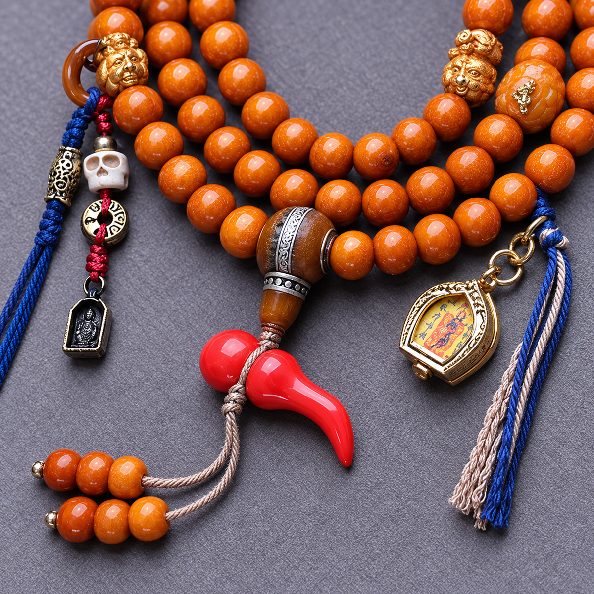 EverestArtstudios Camel Bone 108-Bead Mala with Thangka-Style Ghau Pendant — connection detail